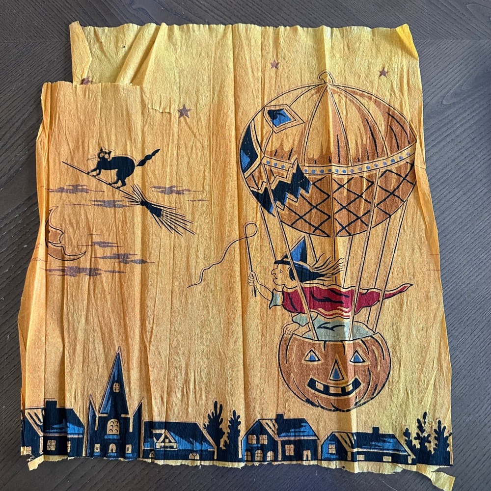 1920s Antique Halloween Crepe Paper Witch Jack O Lantern Hot Air Balloon 19x18